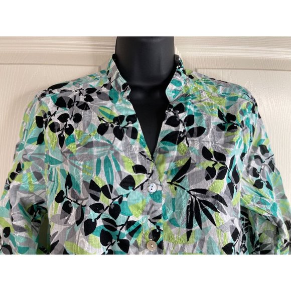 Alfred Dunner Blouse Women Size 12P Petite 12 Green Blue Semi Sheer Button Top - Picture 2 of 8